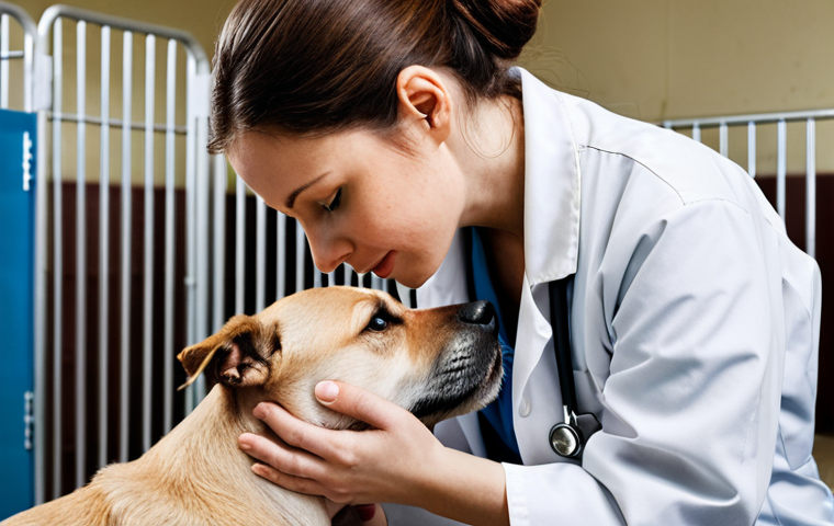 **
A veterinarian gently examining a rescued dog in a shelter, emphasizing compassion and care. The setting includes other animals in the background, awaiting adoption. Focus on the vet's dedication and the dog's hopeful expression.
**