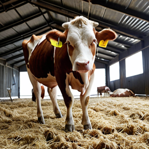 Home 14 **Prompt:** A stressed dairy cow in a poorly ventilated barn during a seasonal temperature shift, with visible signs of respiratory distress. Focus on conveying the vulnerability of livestock to seasonal diseases and the impact of inadequate environmental management.