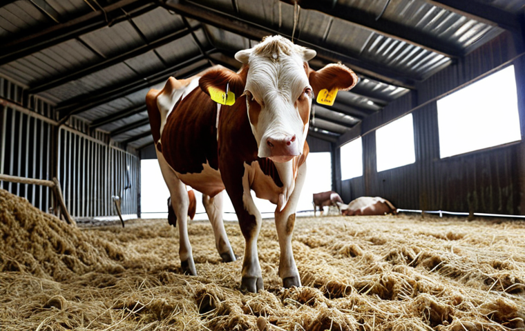 **Prompt:** A stressed dairy cow in a poorly ventilated barn during a seasonal temperature shift, with visible signs of respiratory distress. Focus on conveying the vulnerability of livestock to seasonal diseases and the impact of inadequate environmental management.