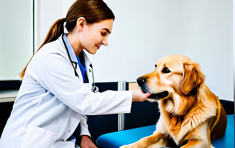 A professional female veterinarian, fully clothed in a modest, clean scrub uniform and a lab coat, gently examines a calm golden retriever on an examination table in a modern, brightly lit veterinary clinic. The veterinarian's expression is empathetic and focused, her hands are well-formed and gently placed on the dog. A pet owner, dressed in appropriate casual attire, observes with a look of trust and reassurance in the background. The scene emphasizes compassionate care and strong communication. Perfect anatomy, correct proportions, natural pose, proper finger count, natural body proportions, professional photography, high quality, realistic, safe for work, appropriate content, family-friendly.
